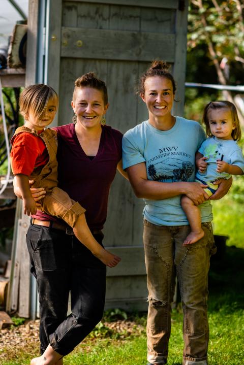 Liz and Rachel Freierman with their two children at their farm, Highwater Farm, in Bartlett, New Hampshire