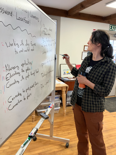 Sarah Cox, a NH farmer, writing on a white board